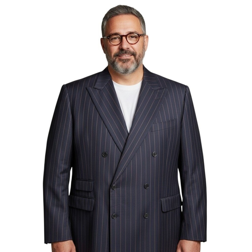 Belvest Distante Mens Navy Pinstripe Super 150s Wool Double Breasted Blazer 44R